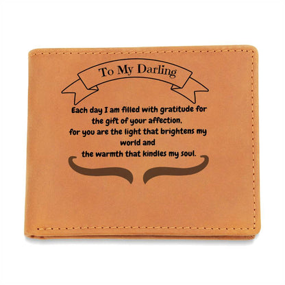 Light of My World" Engraved Husband Appreciation Leather Wallet – Romantic Bifold with Personal Message – Perfect Gift for Anniversaries and Birthdays