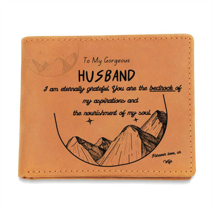 "Bedrock of my Aspirations" Engraved Husband Appreciation Leather Wallet – Romantic Bifold with Personal Message – Perfect Gift for Anniversaries and Birthdays