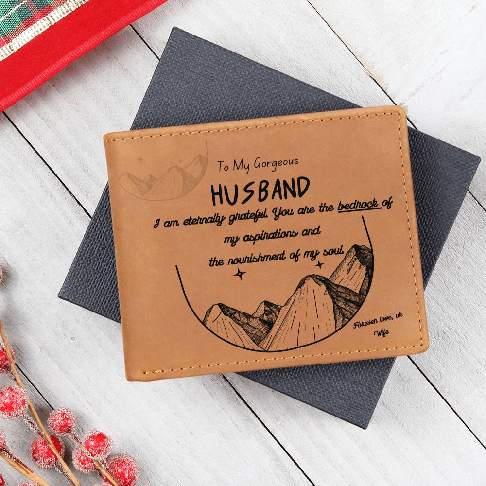 "Bedrock of my Aspirations" Engraved Husband Appreciation Leather Wallet – Romantic Bifold with Personal Message – Perfect Gift for Anniversaries and Birthdays