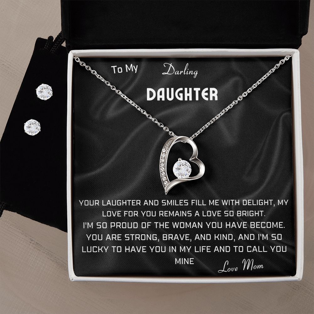 Mother Daughter 14K White Gold Necklace With Matching Earrings
